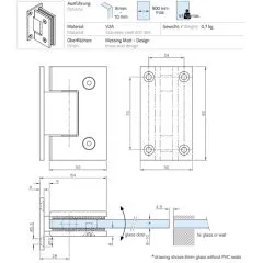 Messing matt Design Glastrscharnier zweiseitig Wand - Glas